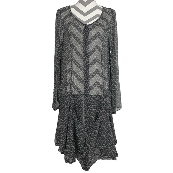 Silk Sheer Floral Dress Womens Size Medium Midi Oversized Black Long Sleeve - Picture 1 of 16
